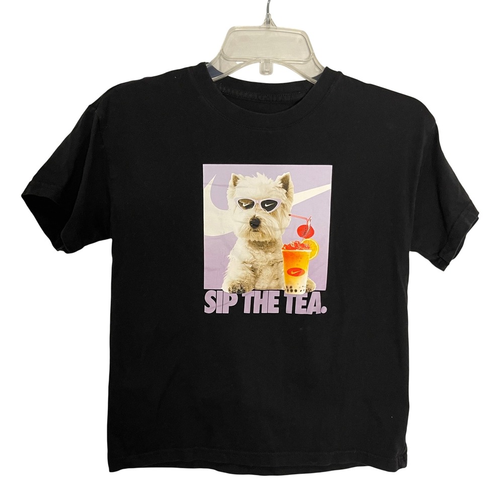 Nike Girls Medium Black Sip The Tea Westie Dog Boba Graphic T-Shirt Loose Fit